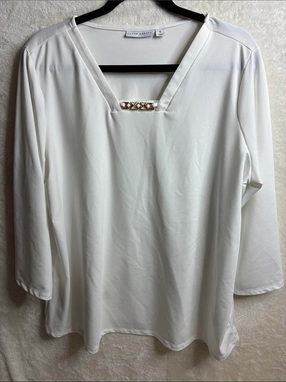 Susan Graver White Long Sleeve V-Neck Top with Gold Accent